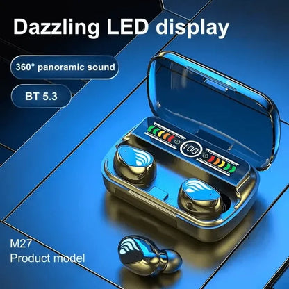 M27 Bluetooth wireless earbuds featuring a dazzling LED display, a charging case, and advanced Bluetooth 5.3 technology for 360° panoramic sound.